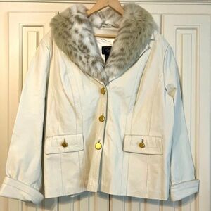 Terry Lewis 100% Genuine Leather Button Up Coat Faux Fur Collar Large